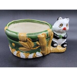 MAJOLICA ASIAN BAMBOO CERAMIC VASE PLANTER WITH BLACK & WHITE PANDA BEAR